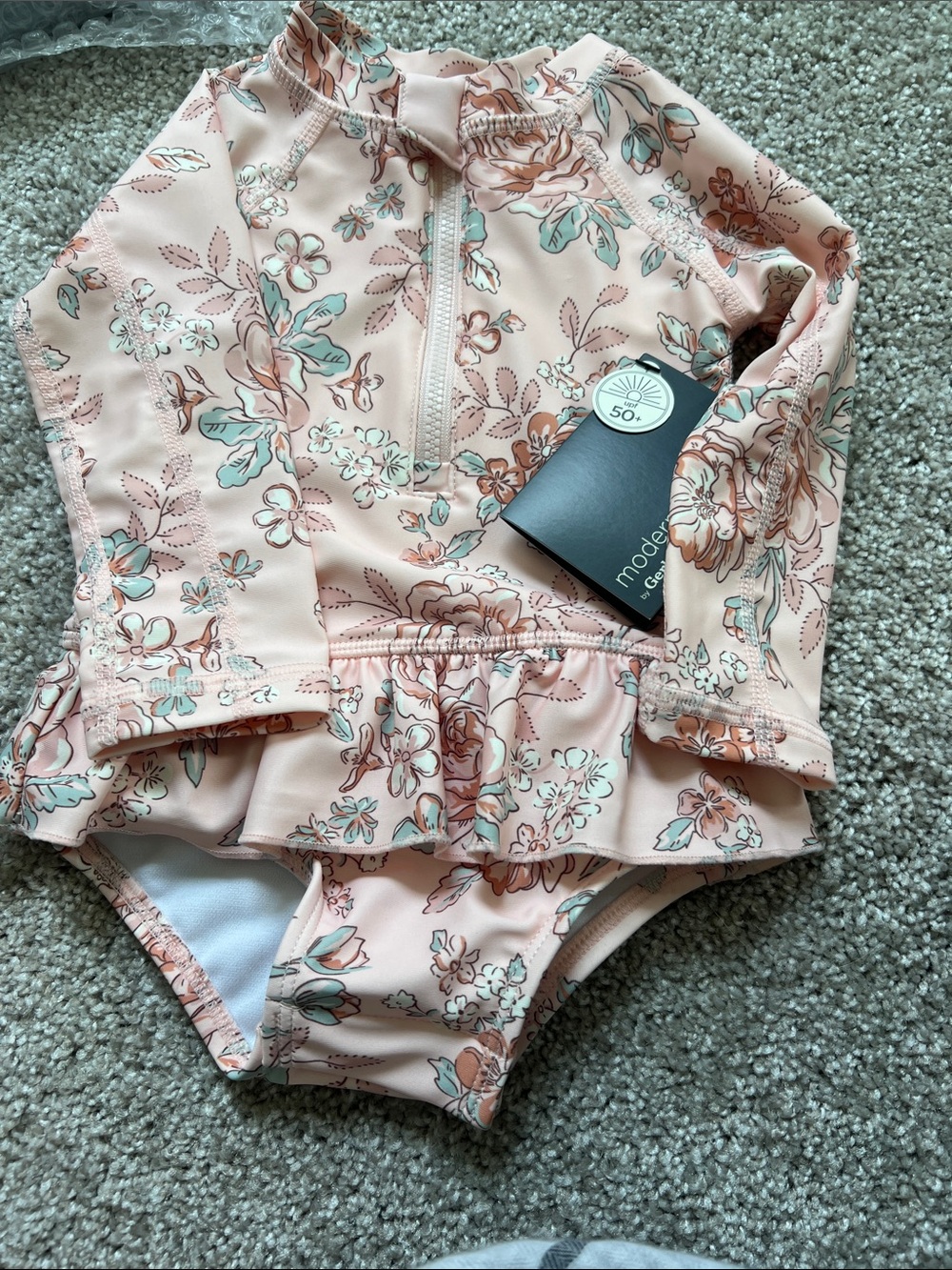 Modex Kids Peach Floral Long-Sleeve One-Piece Swimsuit with Ruffle